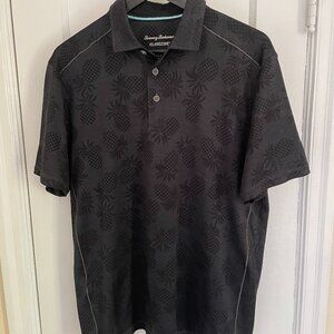 Tommy Bahama Black pineapple design 3 button polo shirt medium.